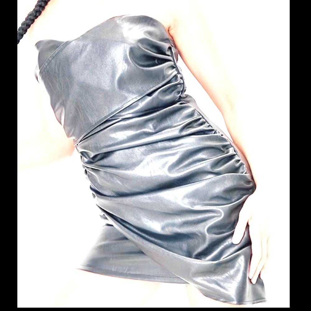 D & M Women’s Faux Leather Dress Size Small Silver Ruched Mini Strapless